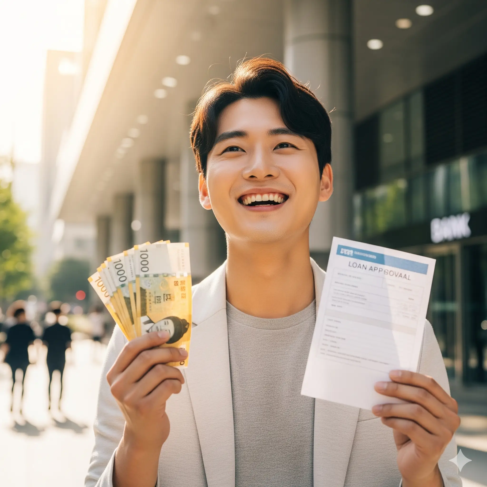 햇살론 승인 후 안도하는 남성 일러스트