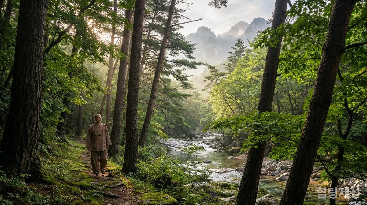 숲길을 걷거나 명상하며 자연 힐링을 하는 모습