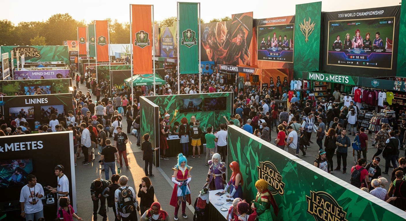 롤드컵 팬 페스티벌 야외 행사장에서 팬들이 챔피언 코스프레를 한 사람들과 사진을 찍고, 미니 게임에 참여하며 굿즈를 구매하는 등 즐거운 시간을 보내는 모습