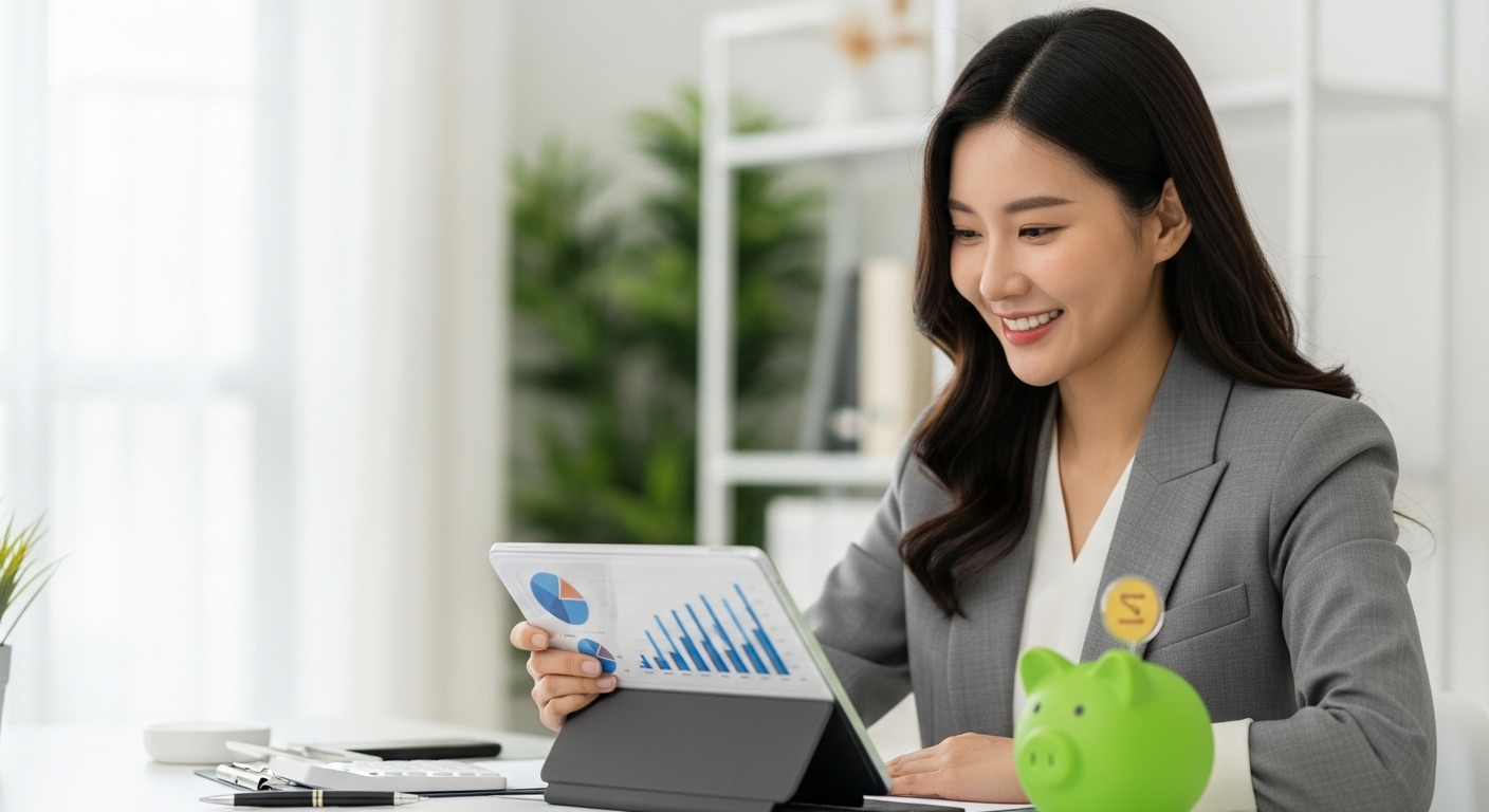 활짝 웃는 한국인 여성이 태블릿으로 ISA 계좌의 금융 차트를 확인하며 절세 투자를 계획하는 모습. 스마트한 재테크와 미래 준비를 상징합니다.