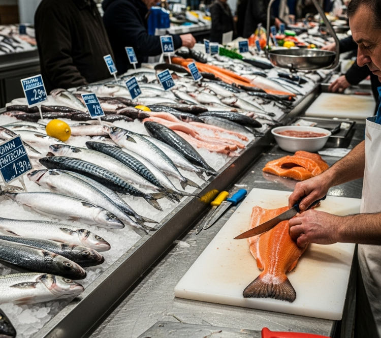 수산시장에서 신선한 물고기를 손질하는 장면