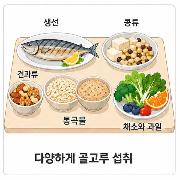 고등어와 연어, 콩과 두부, 무염 견과류, 통곡물, 채소와 과일처럼 심장 건강 식단에 활용하기 좋은 음식을 보여 주는 그림
