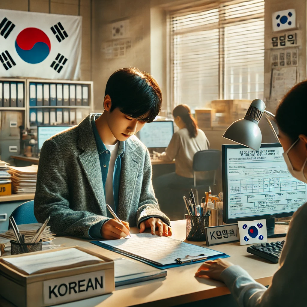 연금 가입 신청서를 작성하는 한국의 사무실에서 일하는 사람