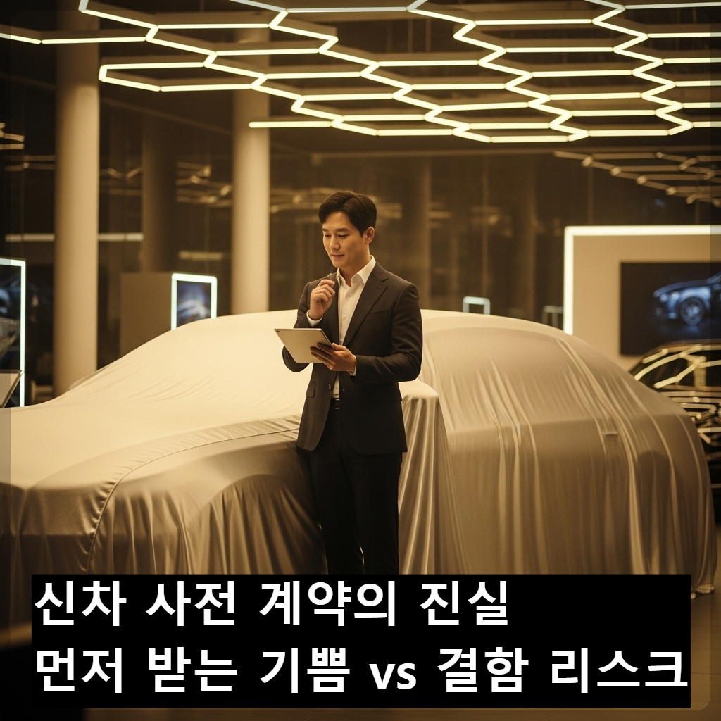현대적인 자동차 전시장의 세련된 조명 아래 베일에 싸인 신차의 실루엣이 보이고, 그 옆에서 한 남자가 기대감 섞인 표정으로 태블릿 PC를 통해 사전 계약 조건을 꼼꼼히 검토하고 있는 모습