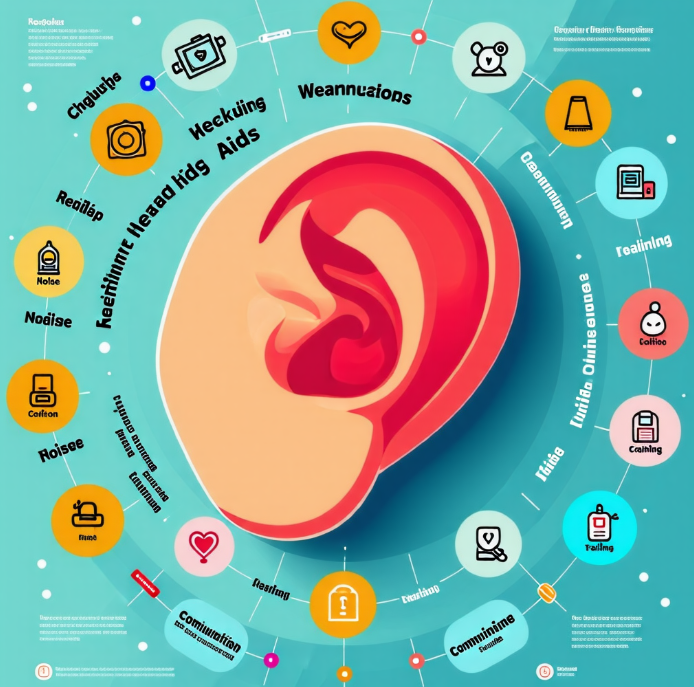 중앙에 큰 귀 모양이 있고, 그 주변으로 '정기 검진', '보청기 착용', '소음 주의', '의사소통', '훈련' 등의 키워드가 원형으로 배치되어 있는 인포그래픽. 각 키워드에는 관련된 작은 아이콘이 함께 그려져 있습니다.