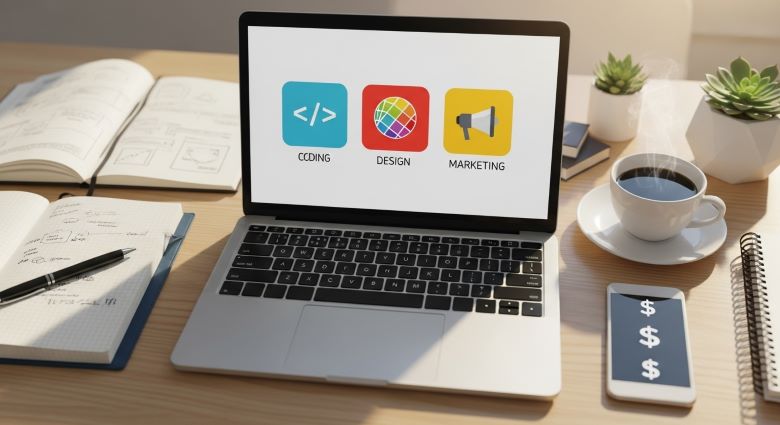 나무 책상 위 노트북 화면에 CODING, DESIGN, MARKETING 세 가지 아이콘이 표시되고, 주변에 펼쳐진 노트, 펜, 커피, 달러 기호 있는 스마트폰, 다육식물이 있는 디지털 비즈니스 작업 환경