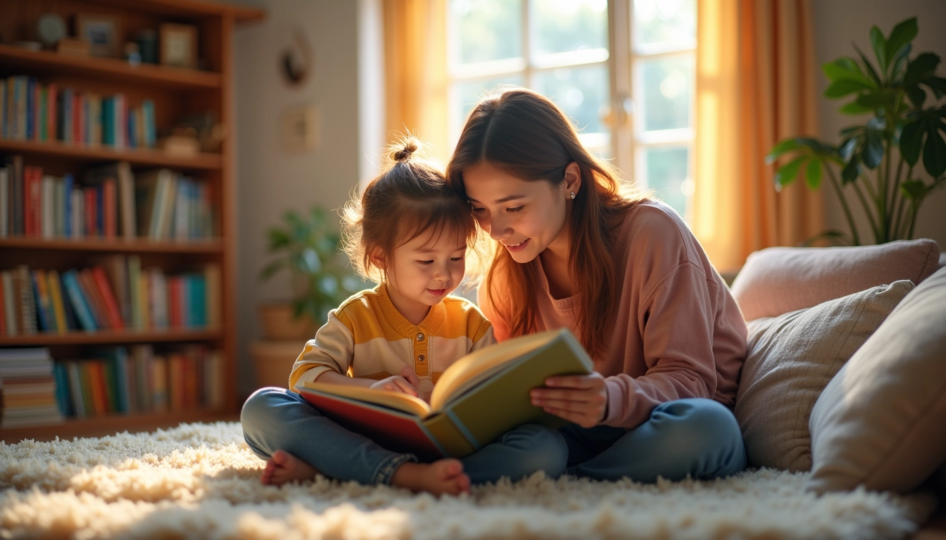 엄마와 아이가 함께 책을 읽고 있는 모습