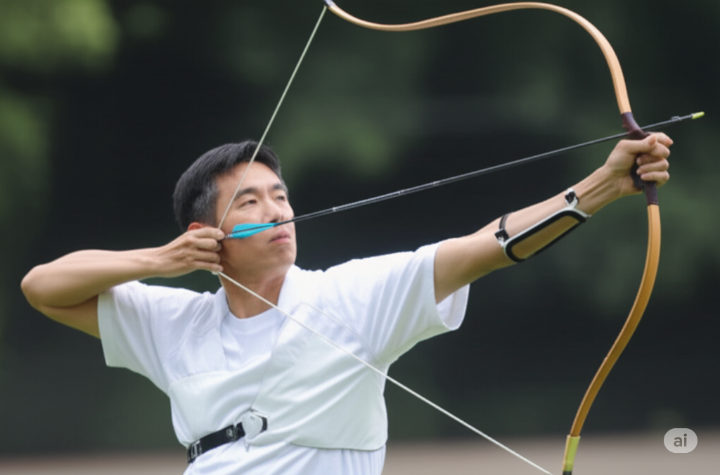 전국체전에 출전할 남자선수가 활을 쏘고 있는 모습. 활과 화살의 아름다움과 함께 궁도의 역사를 엿볼 수 있다.