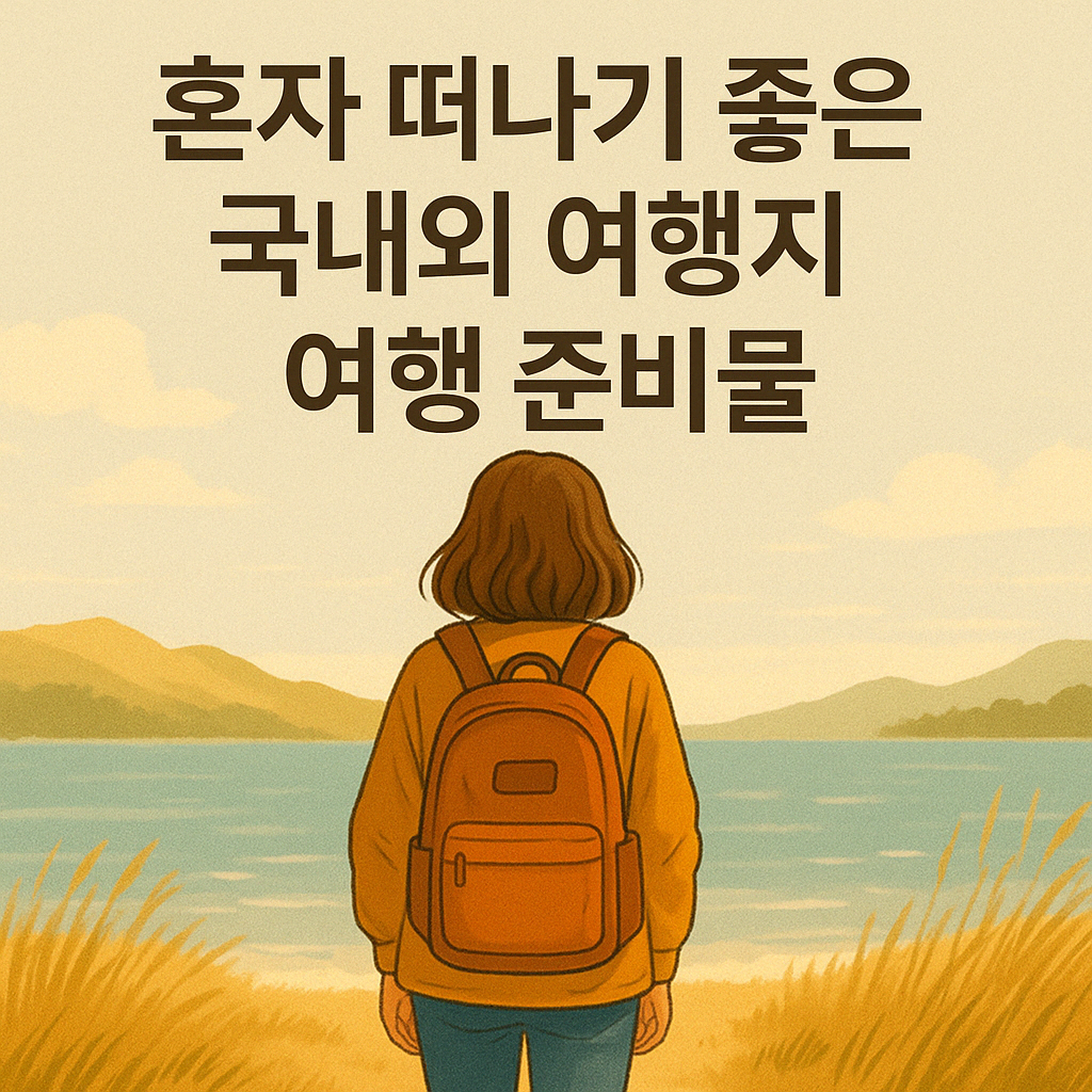 노란 백팩을 메고 바닷가를 향해 걷는 여성 여행자의 모습을 담은 정사각형 일러스트 이미지입니다. 혼자 떠나는 여행의 자유로운 분위기와 감성적인 순간을 시각적으로 표현합니다.