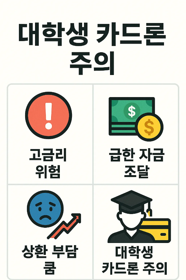 대학생 생활비대출 이용 시 카드론 사용의 고금리 위험, 급한 자금 조달의 단점, 상환 부담 증가 위험성을 알리고 주의사항을 정리한 인포그래픽