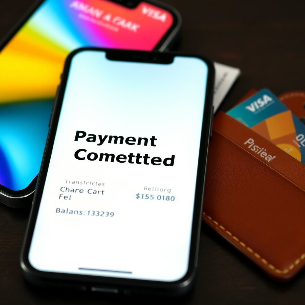 온라인 뱅킹 앱에서 결제 완료 메시지가 뜨는 스마트폰 화면이나, 수수료 영수증이 놓여 있는 모습을 보여주세요. 그 옆에는 가벼워진 지갑이나 잔액이 표시된 카드를 함께 배치하여 안도감을 표현합니다.