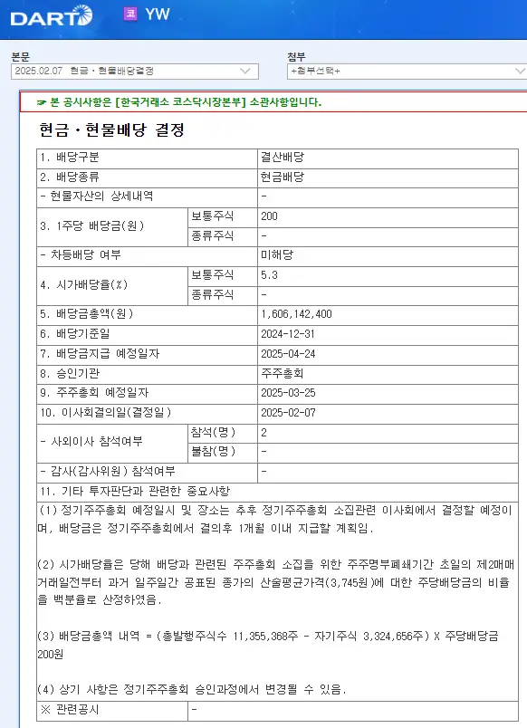 YW(051390) 2025년 배당