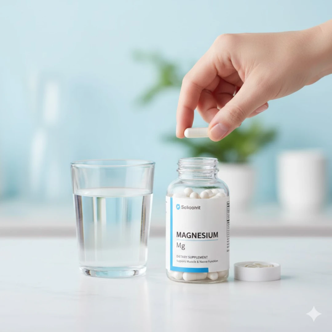 투명한 유리병에 담긴 마그네슘 영양제 캡슐이나 알약을 클로즈업합니다. 건강하고 깔끔한 배경에 손이 영양제를 하나 집어 들거나&amp;#44; 물 한 잔과 함께 놓여 있는 모습을 담을 수 있습니다. 깨끗하고 전문적인 느낌을 주는 흰색&amp;#44; 파란색&amp;#44; 녹색 계열의 색상을 사용하고&amp;#44; 보충제가 주는 편리함을 강조합니다.