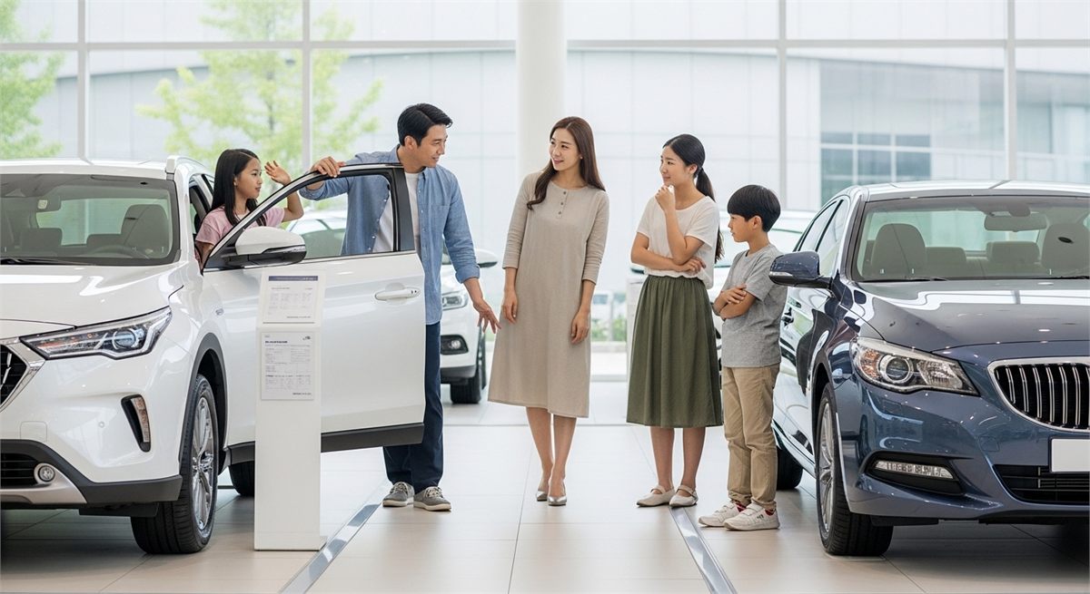 가족이 차량 두 대를 비교하며 상품성을 확인하는 쇼룸 상황 