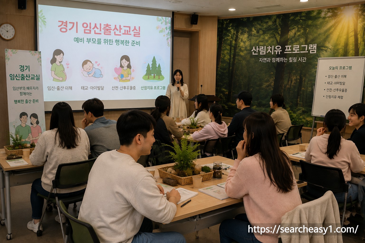경기 임신출산교실에서 임산부와 배우자들이 함께 임신&middot;출산, 태교와 아이발달, 산전&middot;산후우울증 및 산림치유 프로그램 교육에 참여하는 전경