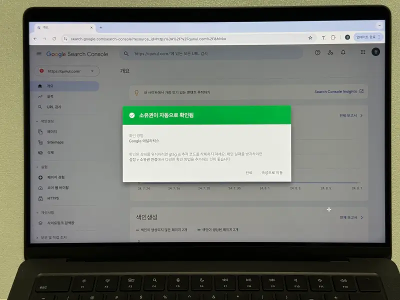 구글 서치콘솔 사이트 소유권 자동 확인 알럿 화면 사진