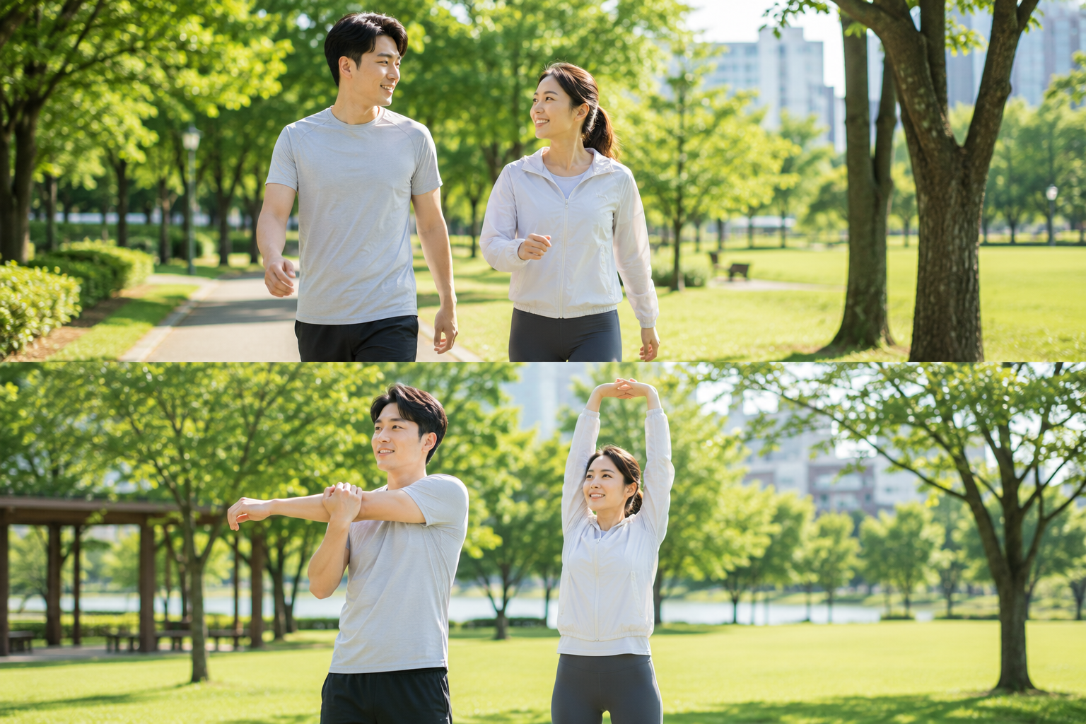 햇빛 아래에서 운동과 산책을 하는 사람들의 모습