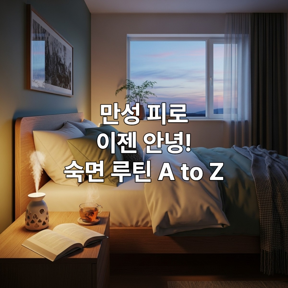 편안하고 아늑한 침실에서 숙면을 유도하는 아로마 디퓨저와 허브차.