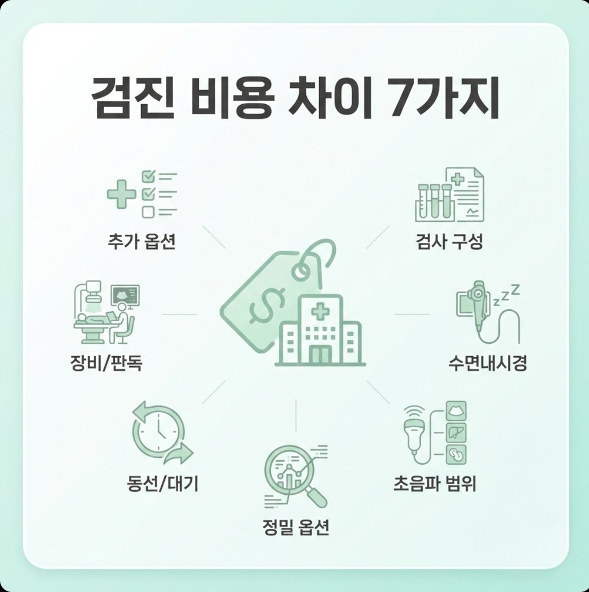 건강검진 비용이 병원마다 달라지는 7가지 이유(구성&amp;#44; 수면내시경&amp;#44; 초음파 범위 등)를 정리한 인포그래픽