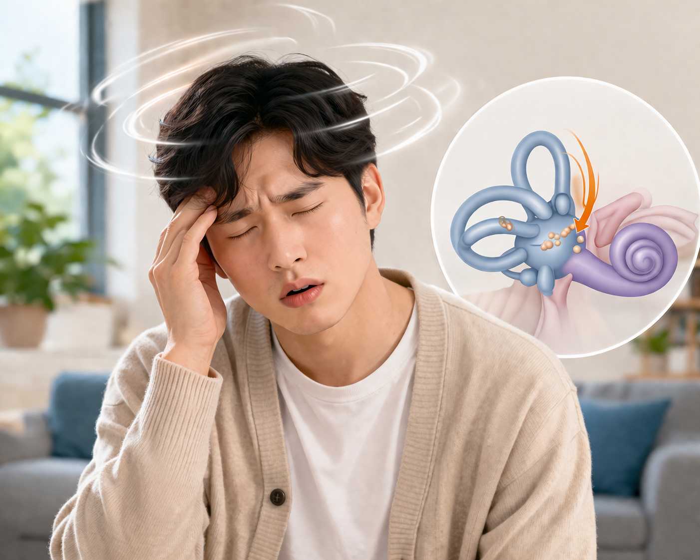 어지럼증을 느끼면서 앉아서 머리에 손을 대고 집중하고 있는 남성의 모습