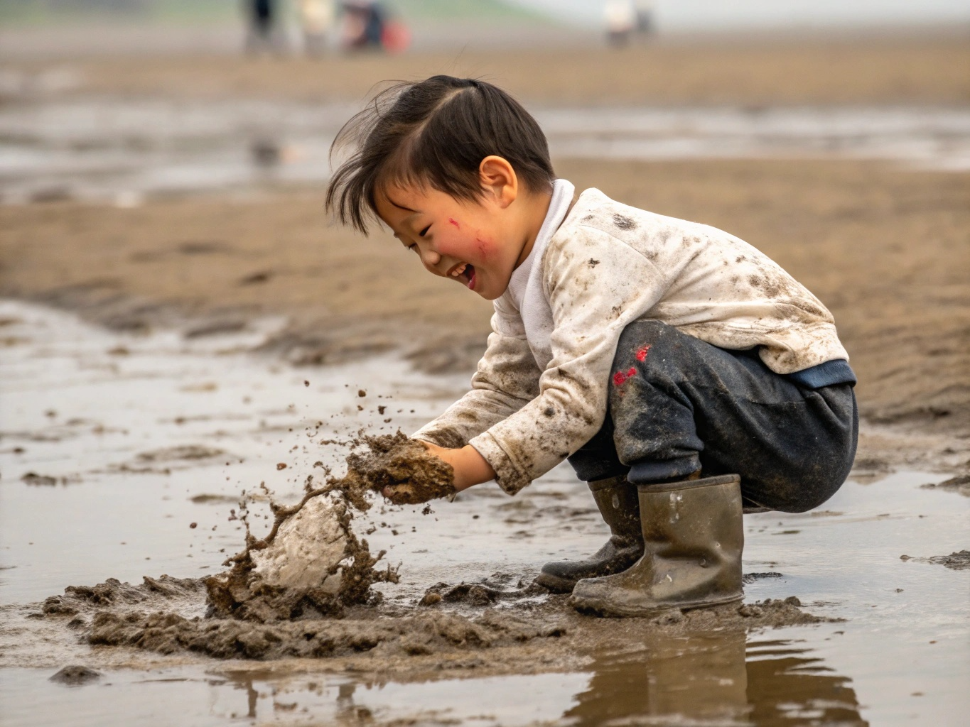 아이가 갯벌에서 즐겁게 장난치고 있다.