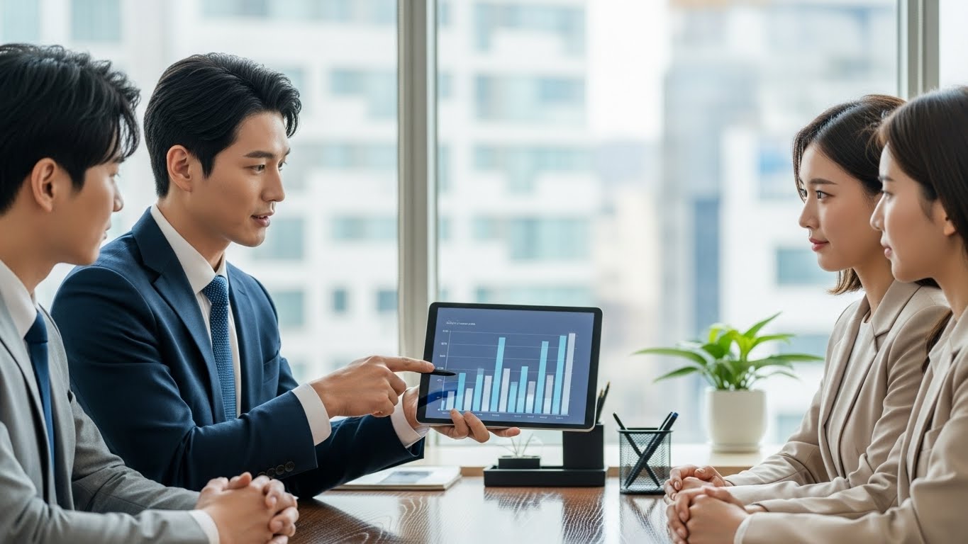 전문가로부터 증여세 면제 한도와 10년 주기 활용법에 대해 상담받는 한국인 부부