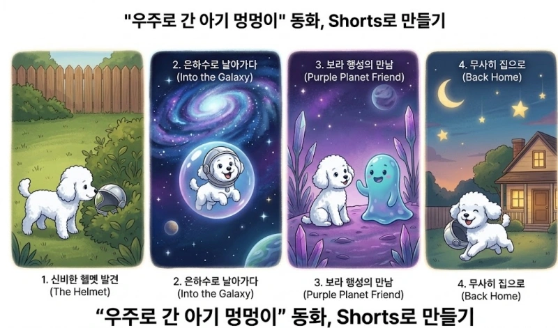 아기 푸들 코코의 우주 모험 이야기를 담은 유튜브 쇼츠 제작 과정 4컷 일러스트 이미지