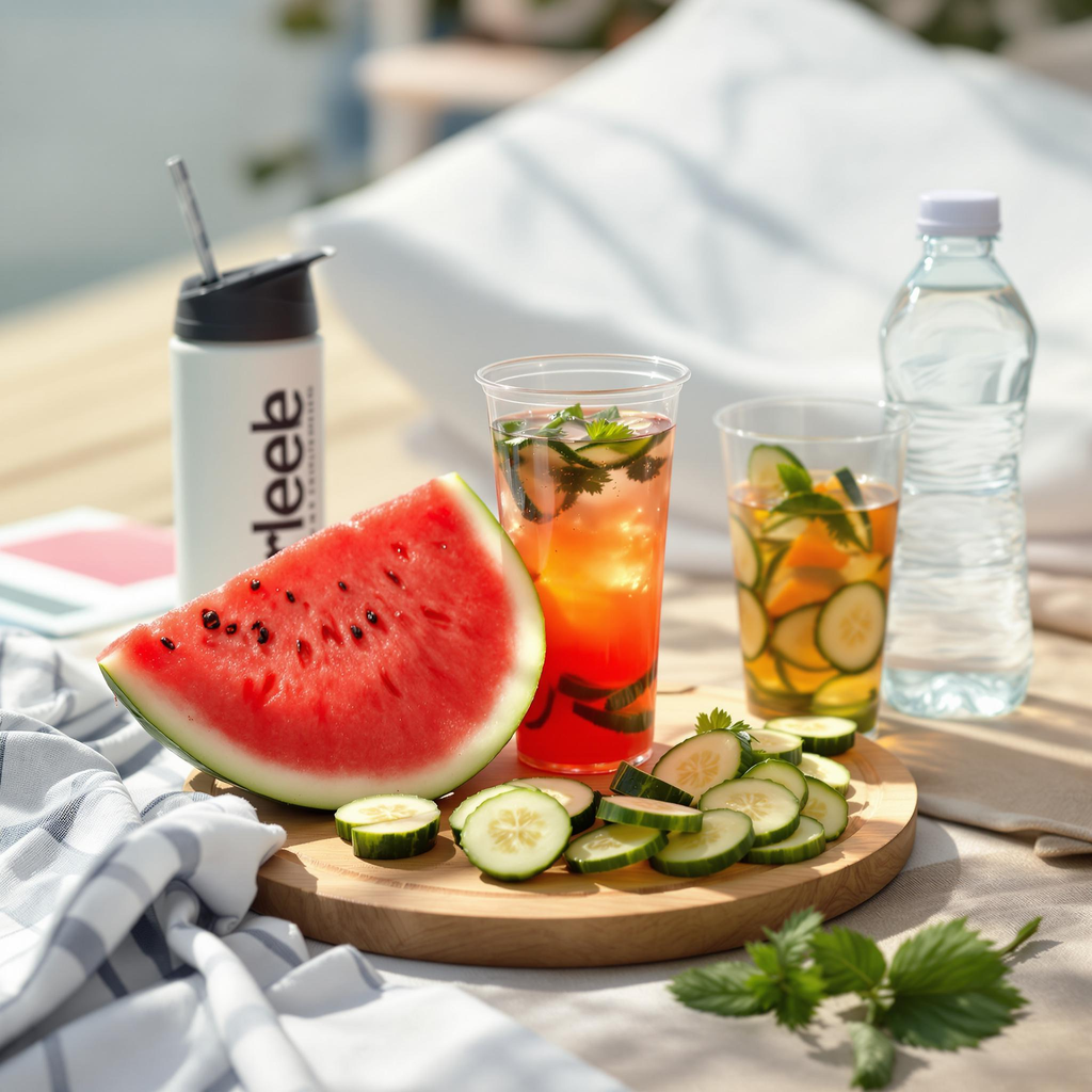 수박, 오이, 스포츠 음료, 허브티, 맑은 물병이 함께 놓인 여름 테이블. 땀이 송골송골 맺힌 컵과 시원한 색감의 음식들