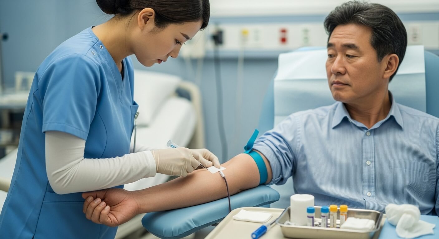중년 남성이 혈액 검사를 위해 간호사에게 채혈을 받는 모습