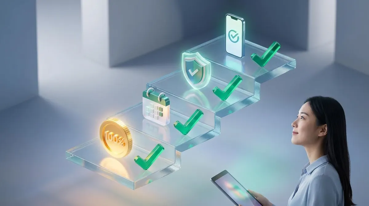 육아휴직 사후지급금 폐지 후 100% 급여 수령을 위한 핵심 체크리스트를 상징하는 3D 인포그래픽 이미지. 입체적인 체크표시와 금전적 혜택을 나타내는 아이콘들이 체계적으로 나열되어 있으며, 이를 만족스럽게 바라보는 여성의 모습이 담겨 있음