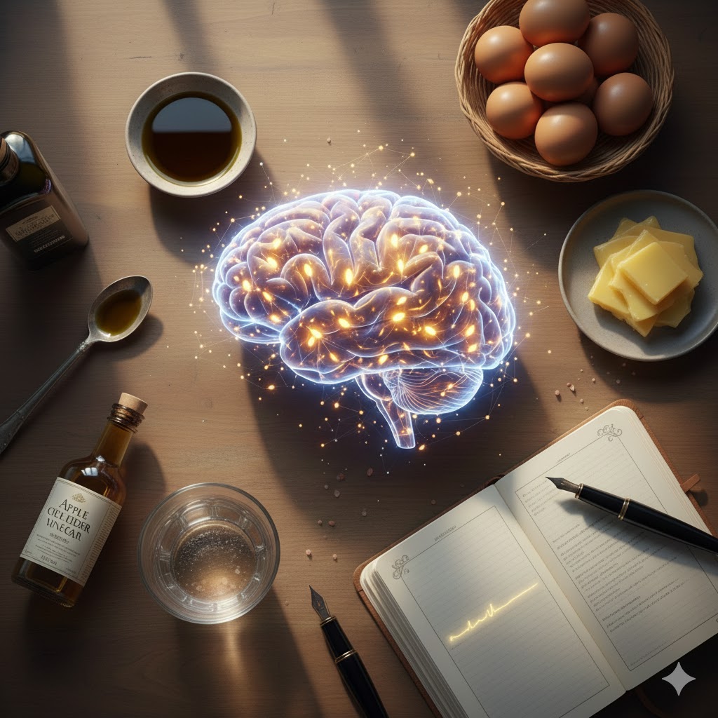 뇌 대사 건강을 위한 아침 루틴과 미토콘드리아 활성화를 상징하는 올리브 오일, 애사비, 달걀, 기버터와 기록 노트가 놓여 있는 책상 위 빛나는 뇌 일러스트