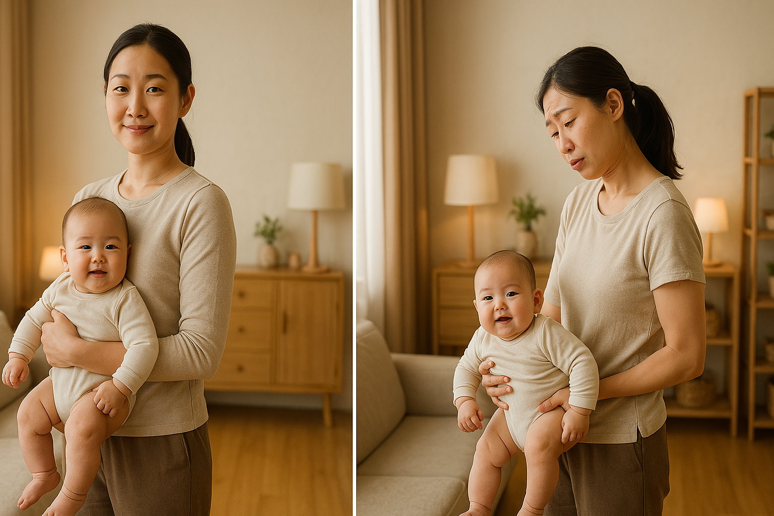 육아 중인 여성이 아이를 안고 있는 바른 자세와 잘못된 자세 비교