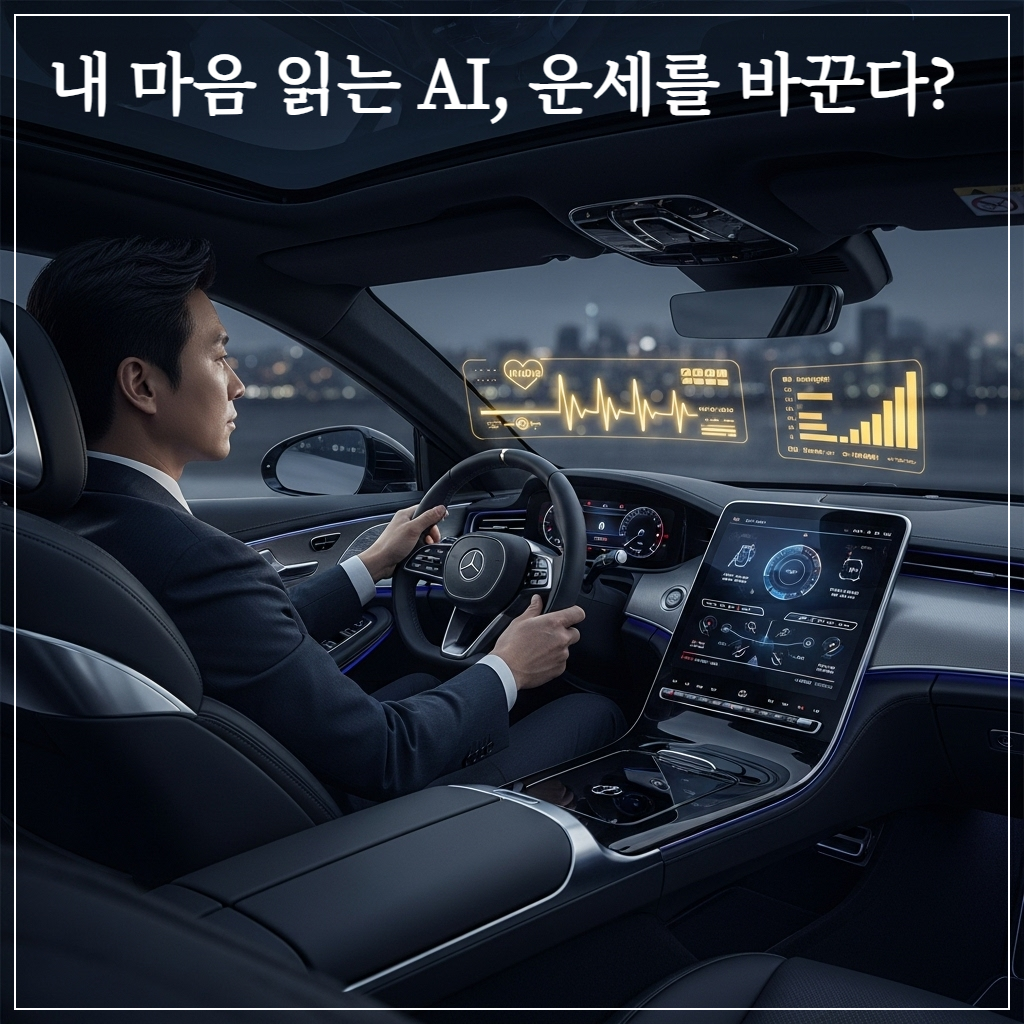 최첨단 디지털 콕핏이 구현된 자동차 실내에서 한국인 남성 운전자가 핸들을 잡고 있으며, 대시보드 디스플레이에 운전자의 심박수와 스트레스 지수가 황금빛 그래픽으로 표시되고 있는 미래지향적이고 프리미엄한 이미지