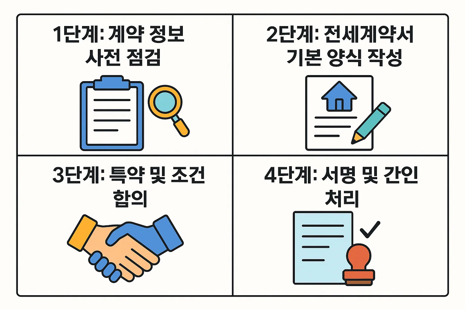 전세계약서 작성 시 필수 확인 단계(계약 정보 점검, 양식 작성, 특약 협의, 서명 및 간인 처리)를 단계별로 정리한 인포그래픽. 초보자도 쉽게 따라할 수 있는 실전 가이드.