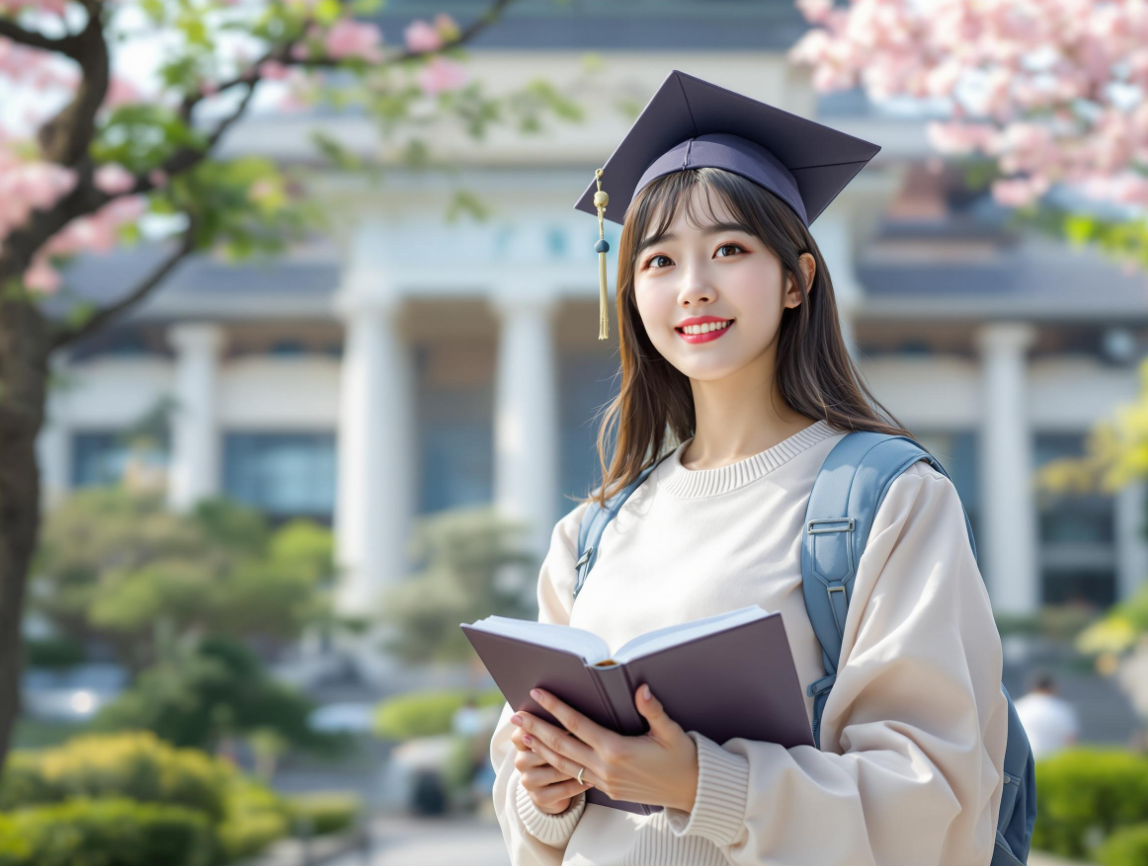 학사모 쓰고 대학교 캠퍼스에서 책 들고 있는 학생의 모습