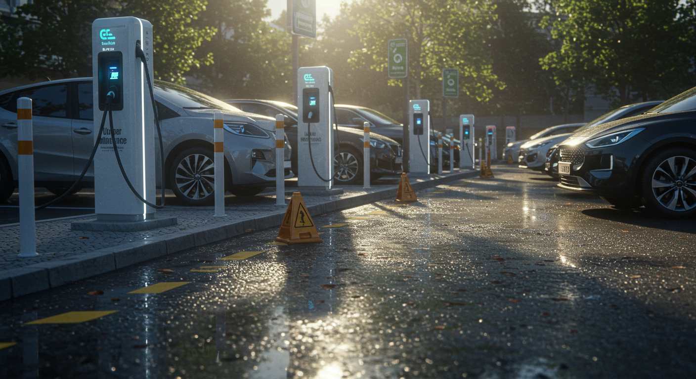 도심 EV 충전소에서 전기차들이 대기하는 현실적인 밤 풍경, 한 충전기는 점검 중, 젖은 아스팔트 반사, 영화적 조명, 텍스트 없음, 초현실 디테일, 전기차 충전 인프라 전기차 단점