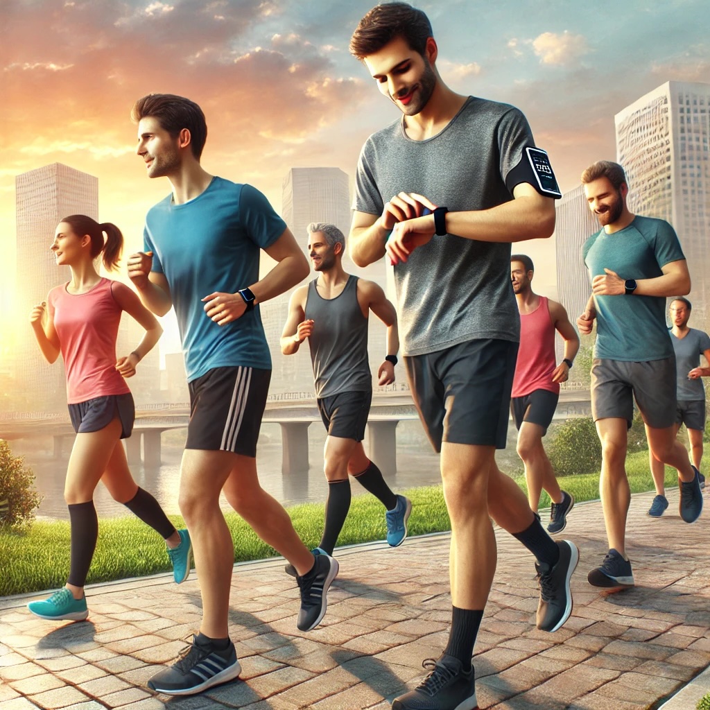 온라인 커뮤니티를 통해 만난 다른 사람들과 함께 달리는 모습을 시각화한 이미지 사진