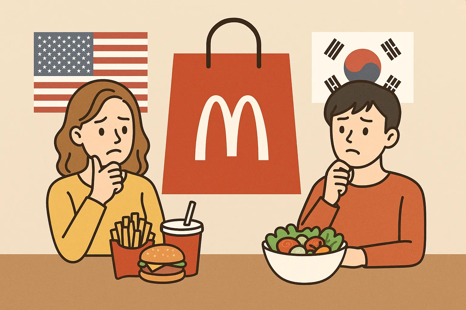 다국적-기업의-소비문화가-나라별로-다르게-나타나는-모습을-미국과-한국의-대표적인-음식-선택을-통해-표현한-이미지