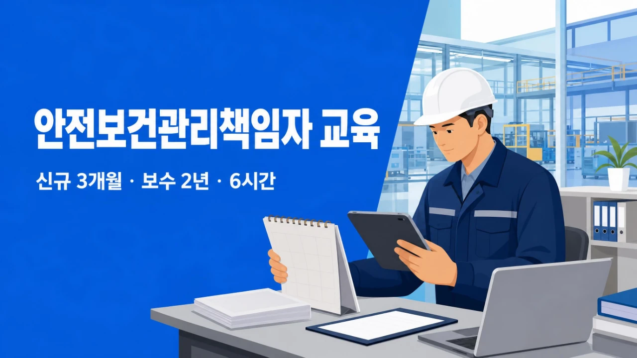 안전보건관리책임자 신규교육 3개월 보수교육 2년 6시간 기준을 설명하는 이미지