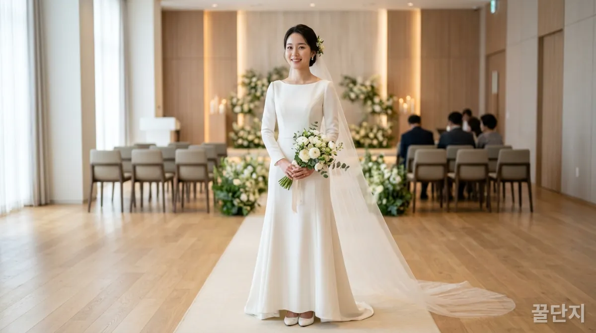 체형을 우아하게 보완하는 2026년 A라인 크레이프 웨딩드레스를 입은 한국인 신부