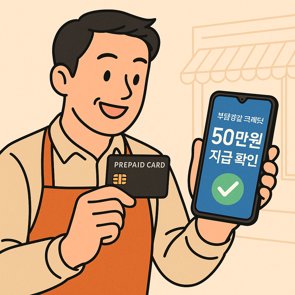 선불카드를-들고-‘50만원-지급-확인’-화면을-보는-소상공인의-일러스트