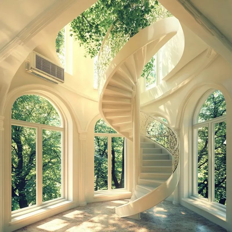 넓은 공간에서도 효율적으로 냉방을 관리하는 에어컨이 설치된 집. 아치형 구조를 통해 부드럽게 퍼지는 빛이 공간의 조화를 강조한다. 대형 공간에서 기능성과 쾌적함을 동시에 제공한다.