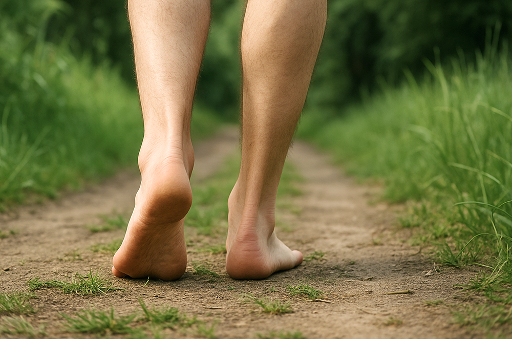 다리 클로즈업 되어 았고 맨발로 걷고 있습니다.