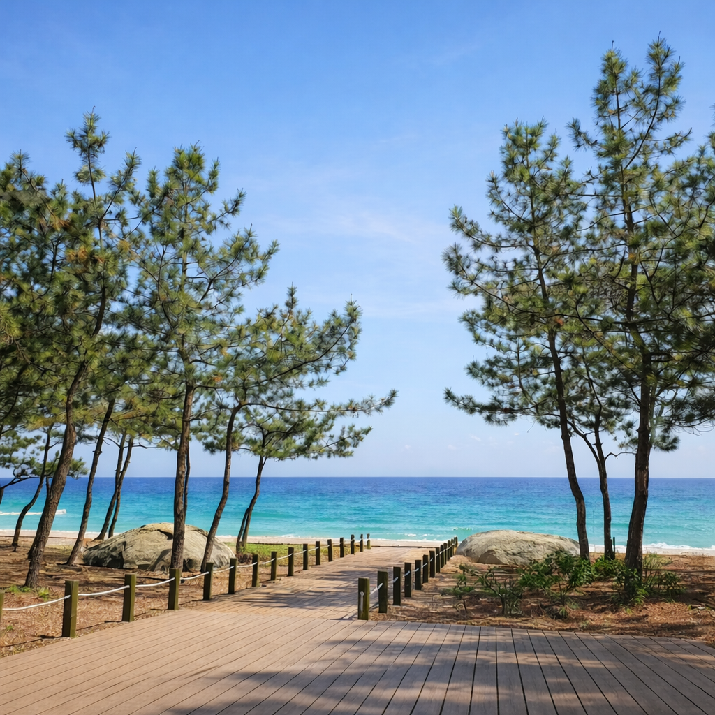 강릉 경포대 소나무 산책로와 에메랄드빛 바다가 어우러진 국내 혼자 여행 풍경