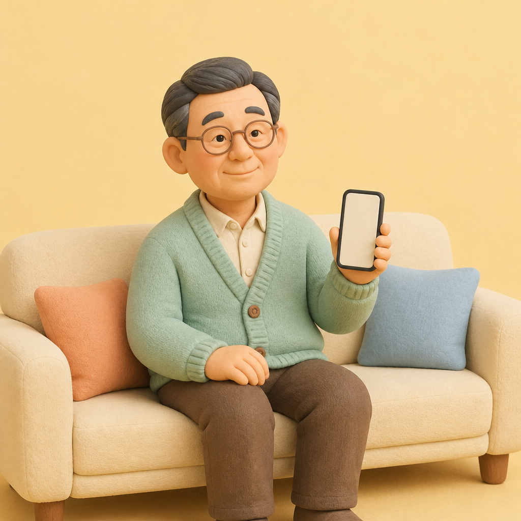 거실 소파에서 휴대폰 업데이트 화면을 기다리는 60대 남성
