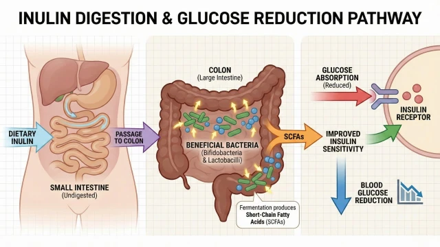 이눌린이 소장을 통과하고 대장에서 유익균의 먹이가 되는 의학 메커니즘 다이어그램