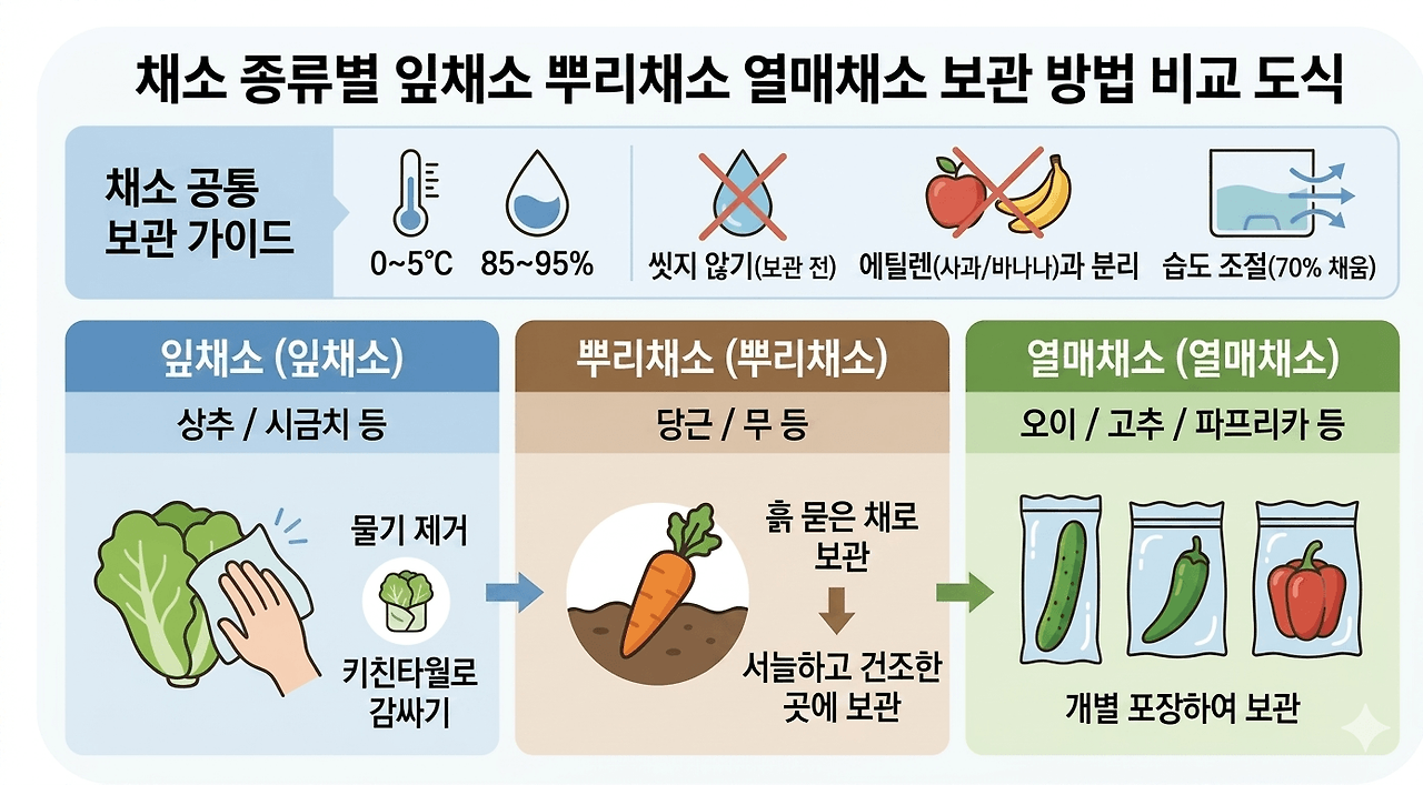 '채소 종류별 잎채소&middot;뿌리채소&middot;열매채소 보관 방법 비교 도식