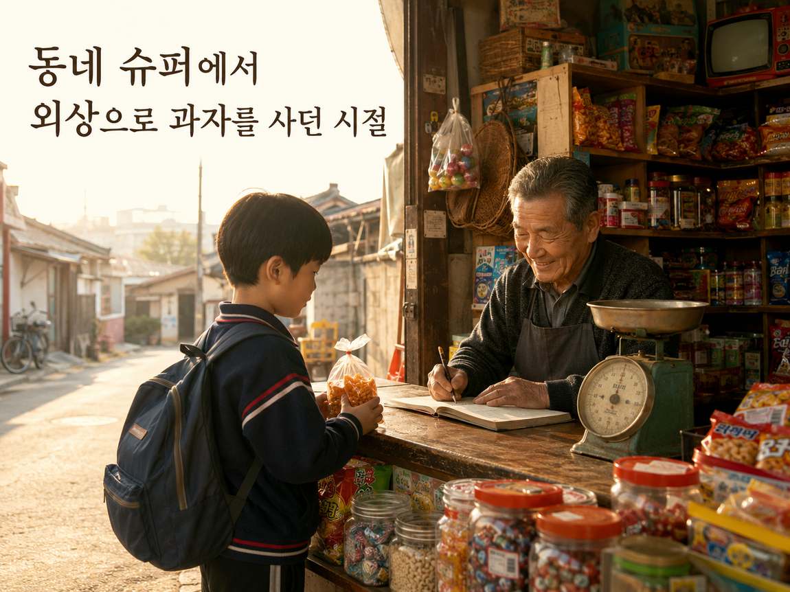 오래된 동네 슈퍼에서 아이가 과자를 들고 있고 가게 주인이 장부에 내용을 적는 모습