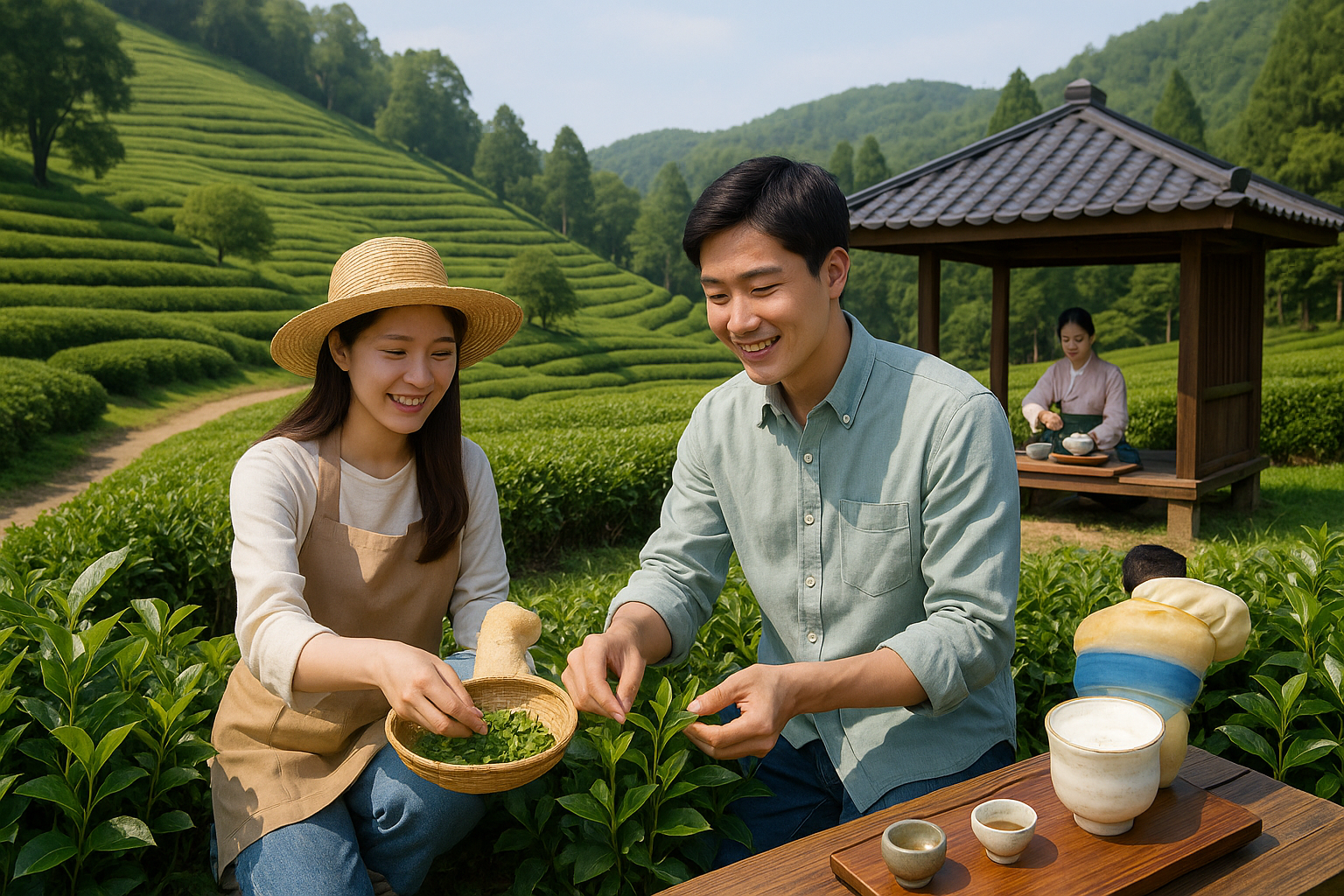 보성 녹차밭에서 젊은 커플이 찻잎을 따고 전통 다도 체험을 즐기는 모습