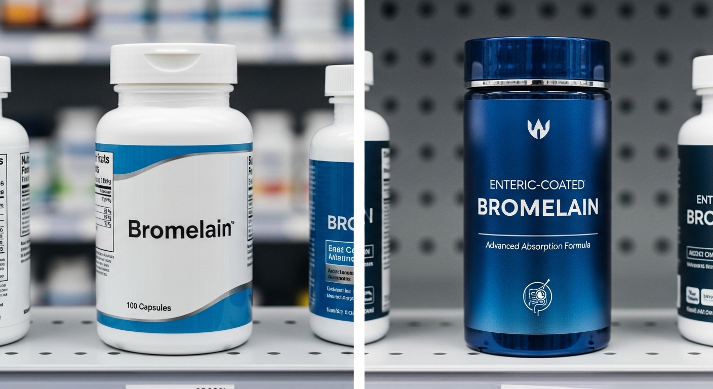 일반 브로멜라인 제품과 '장용성' 문구가 명확하게 표기된 브로멜라인 제품을 비교하는 이미지.